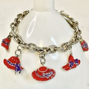 Silver Red Hat Lady Charm Bracelet 7 Charms Toggle Clasp 7 Inch